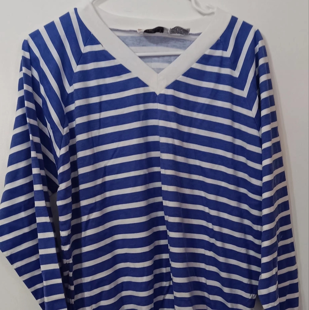 Blue and White Striped V-Neck Top